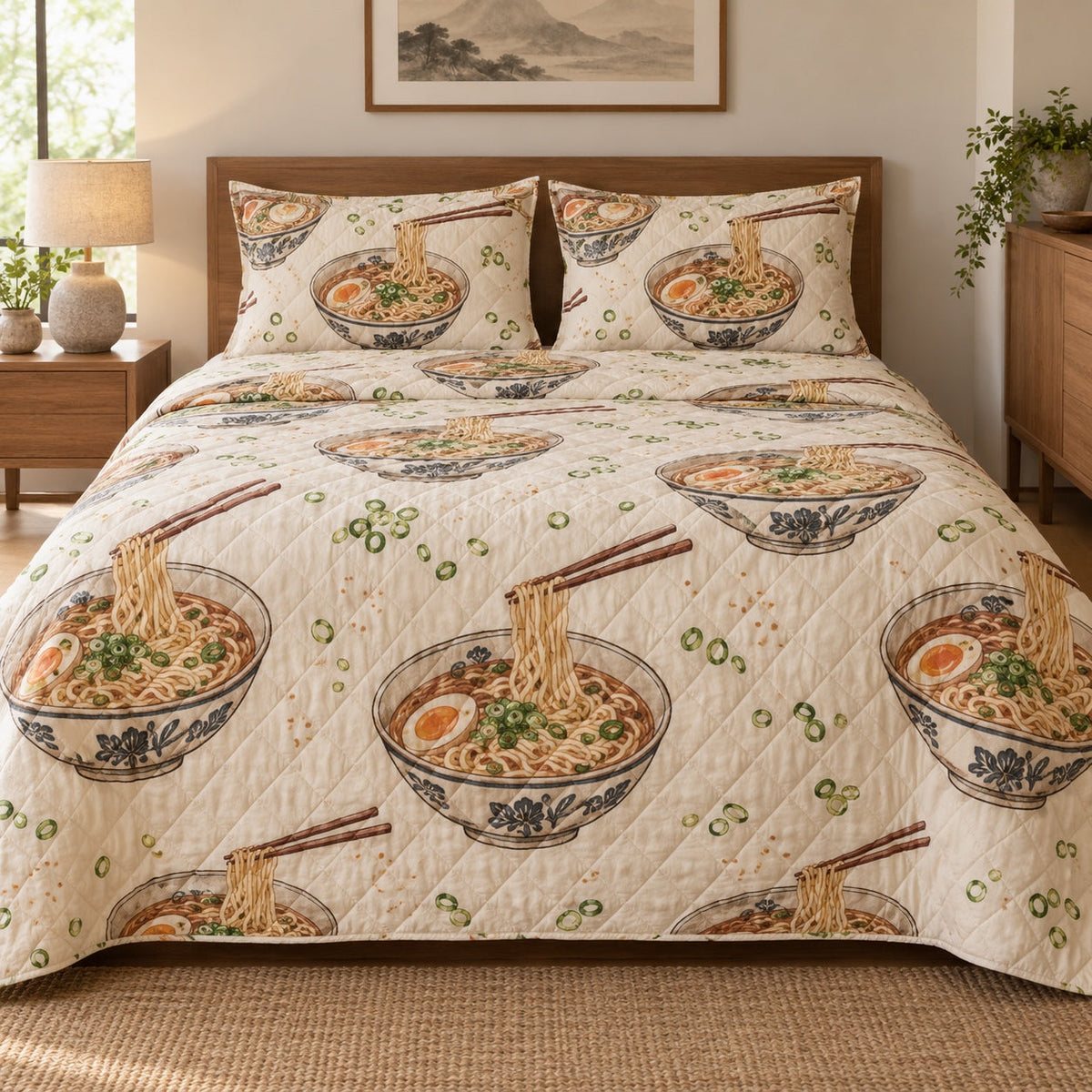Noodle Bar Sketch Ramen Lovers Quilt Set, front ramen lovers bedroom view