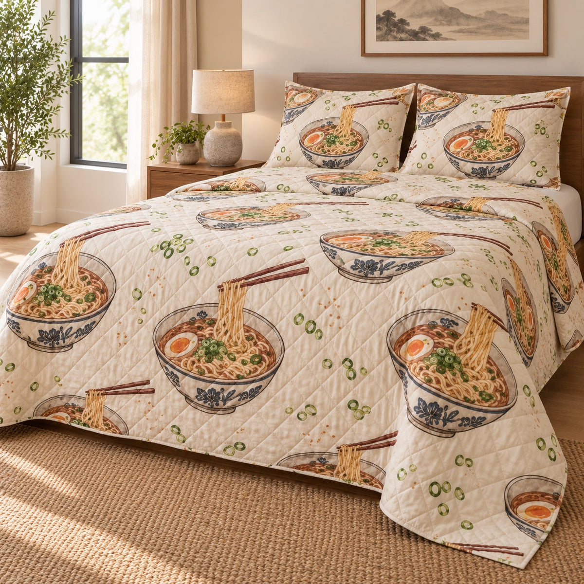 Noodle Bar Sketch Ramen Lovers Quilt Set, angled ramen lovers bedroom view