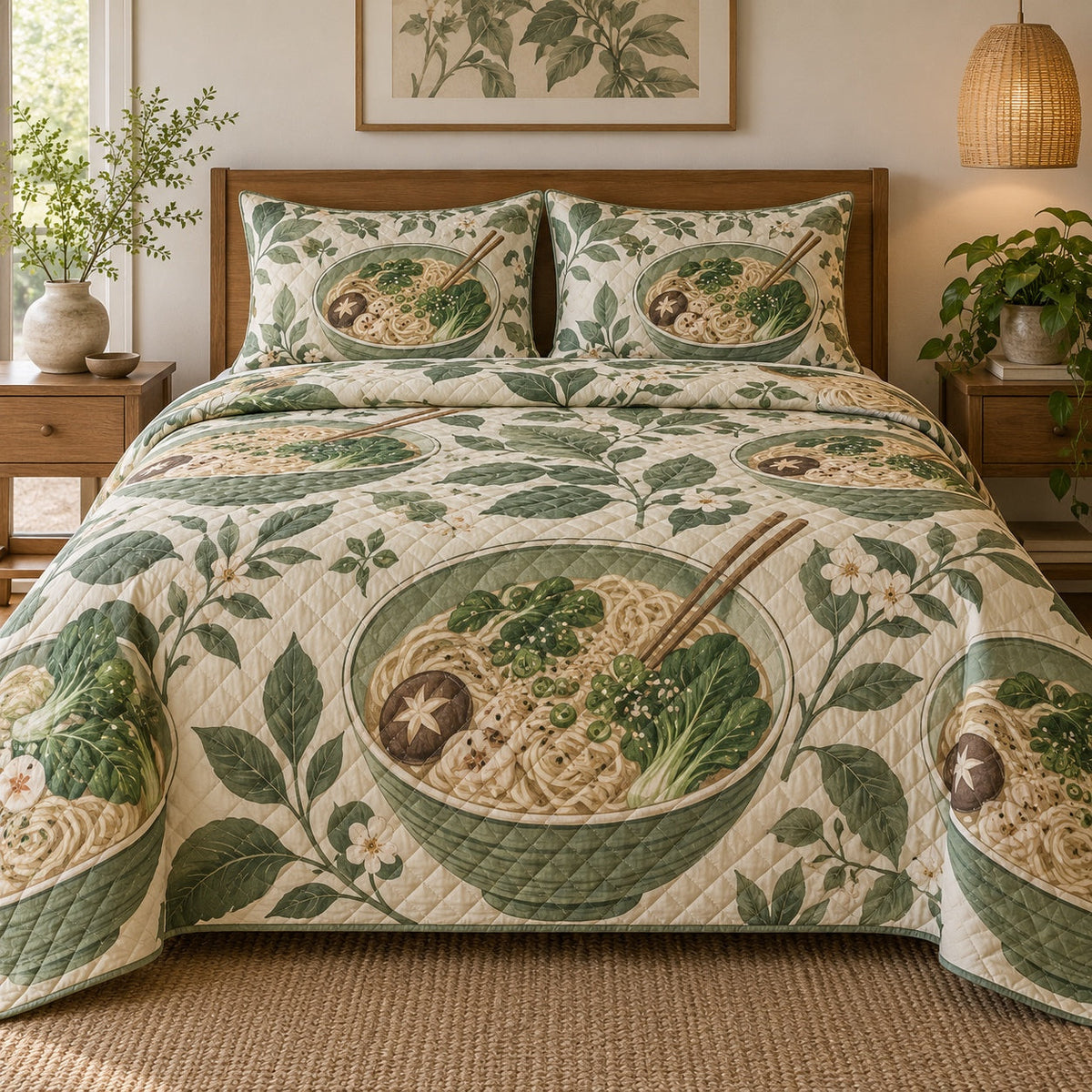 Miso Garden Ramen Lovers Quilt Set, front ramen lovers bedroom view