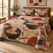 Terracotta Noodles Ramen Lovers Quilt Set, angled ramen lovers bedroom view