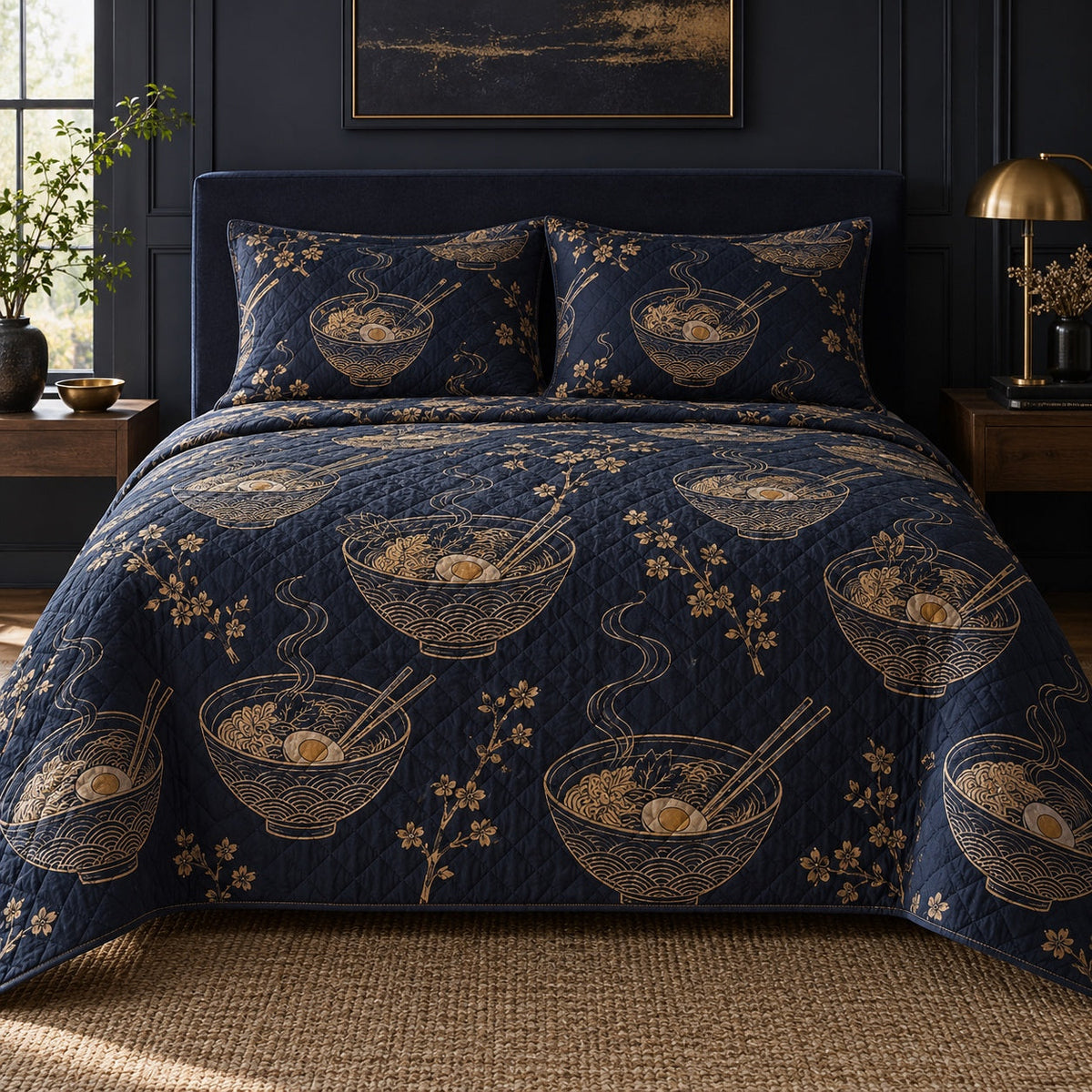 Midnight Ramen Ramen Lovers Quilt Set, front ramen lovers bedroom view