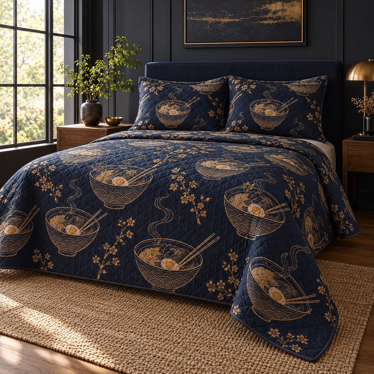 Midnight Ramen Ramen Lovers Quilt Set, angled ramen lovers bedroom view