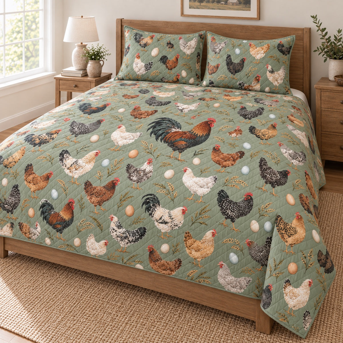 Coop Census Sage Chicken Quilt Set, angled Hen bedroom view