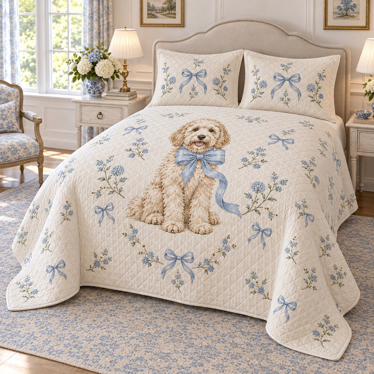 Blue Bow Doodle Goldendoodle Quilt Set, angled Goldendoodle bedroom view