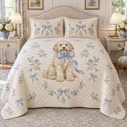 Blue Bow Doodle Goldendoodle Quilt Set, front Goldendoodle bedroom view