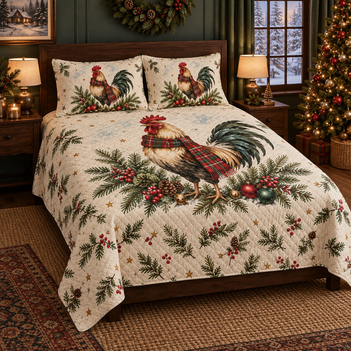 Christmas Watercolor Rooster Quilt Set, angled rooster bedroom view