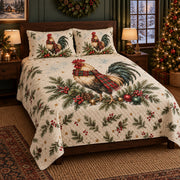 Christmas Watercolor Rooster Quilt Set, angled rooster bedroom view