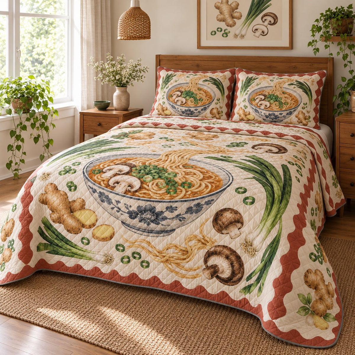 Market Ingredients Ramen Lovers Quilt Set, angled ramen lovers bedroom view