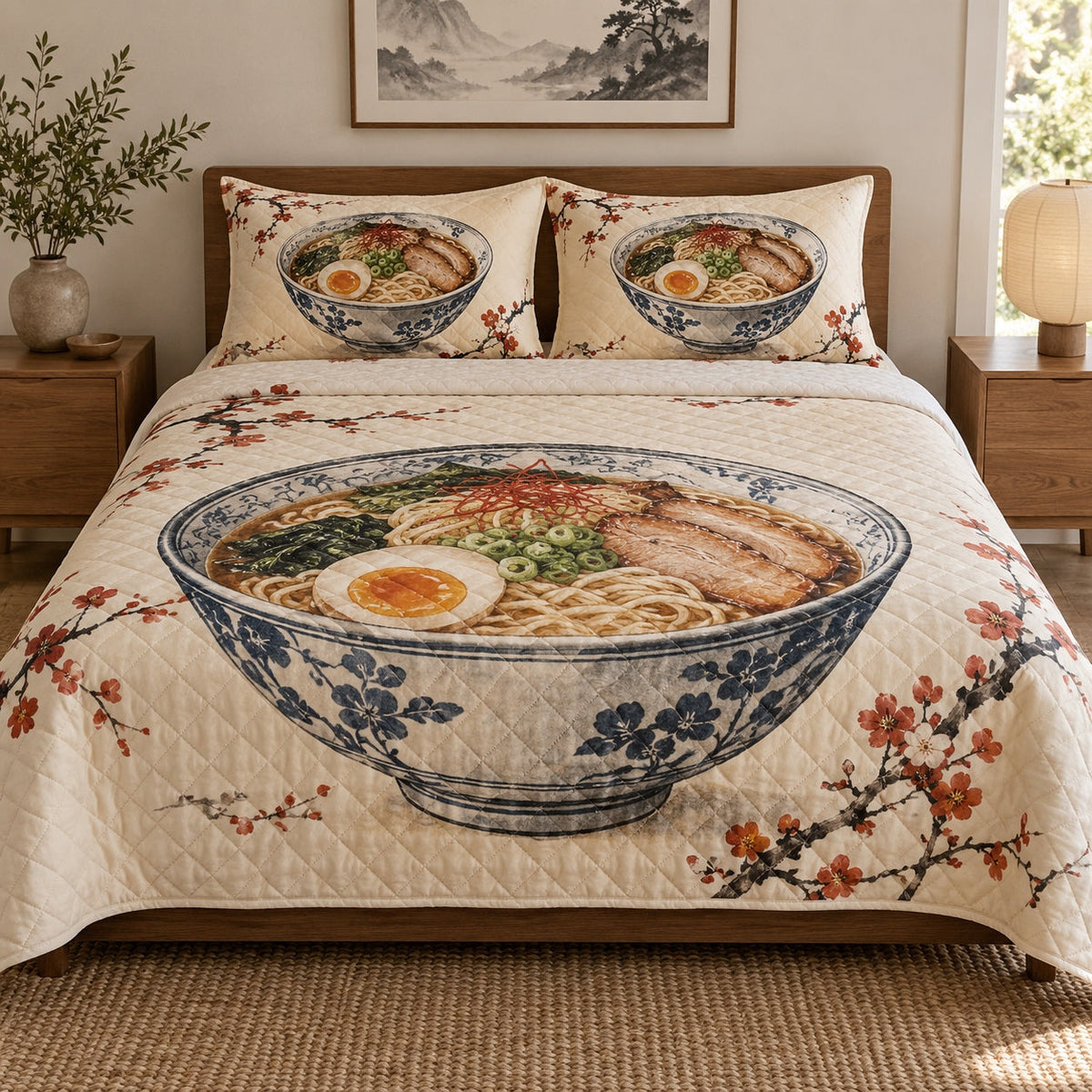 Steam and Bowl Ramen Lovers Quilt Set, front ramen lovers bedroom view