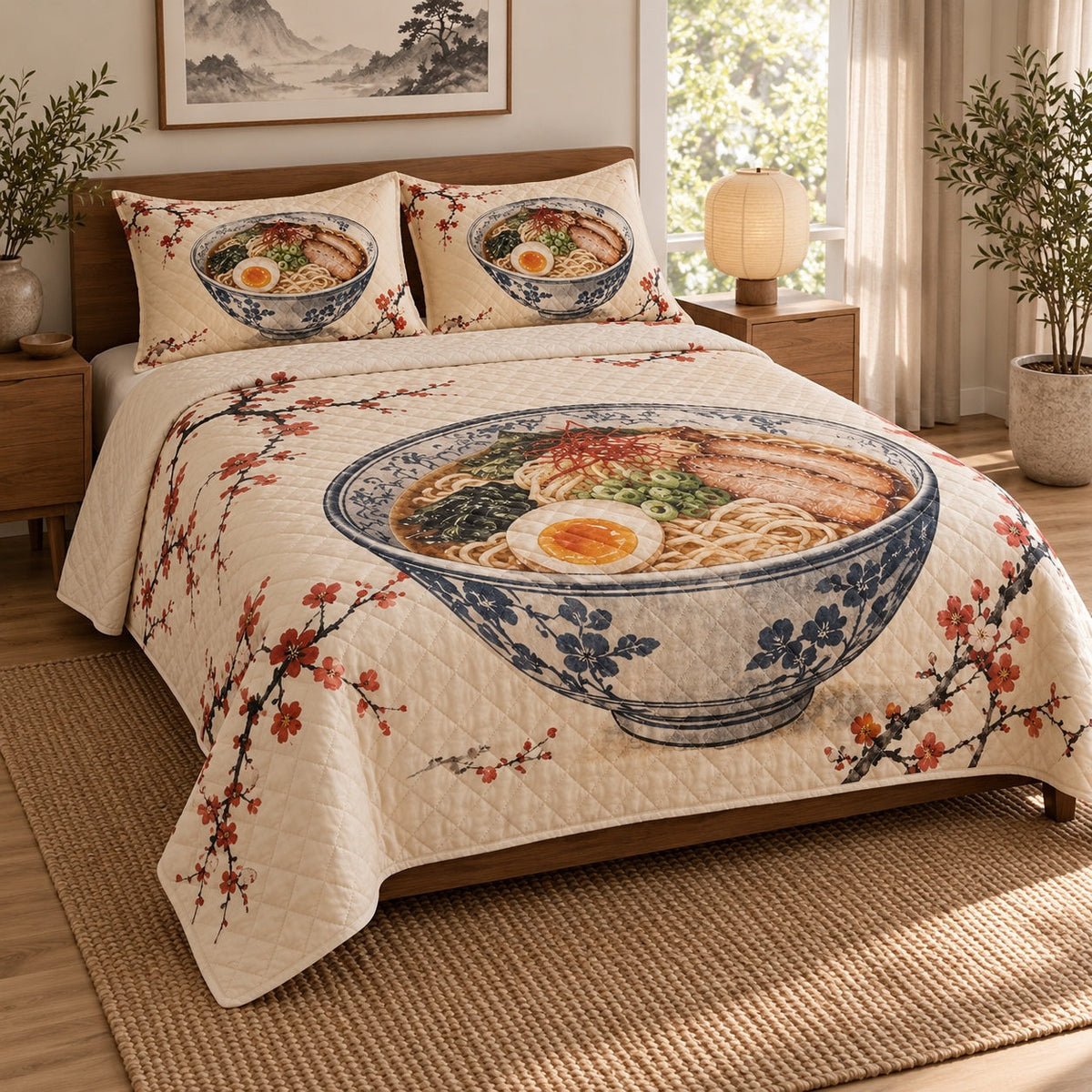Steam and Bowl Ramen Lovers Quilt Set, angled ramen lovers bedroom view