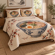 Steam and Bowl Ramen Lovers Quilt Set, angled ramen lovers bedroom view