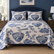 Blue Ceramic Ramen Ramen Lovers Quilt Set, front ramen lovers bedroom view