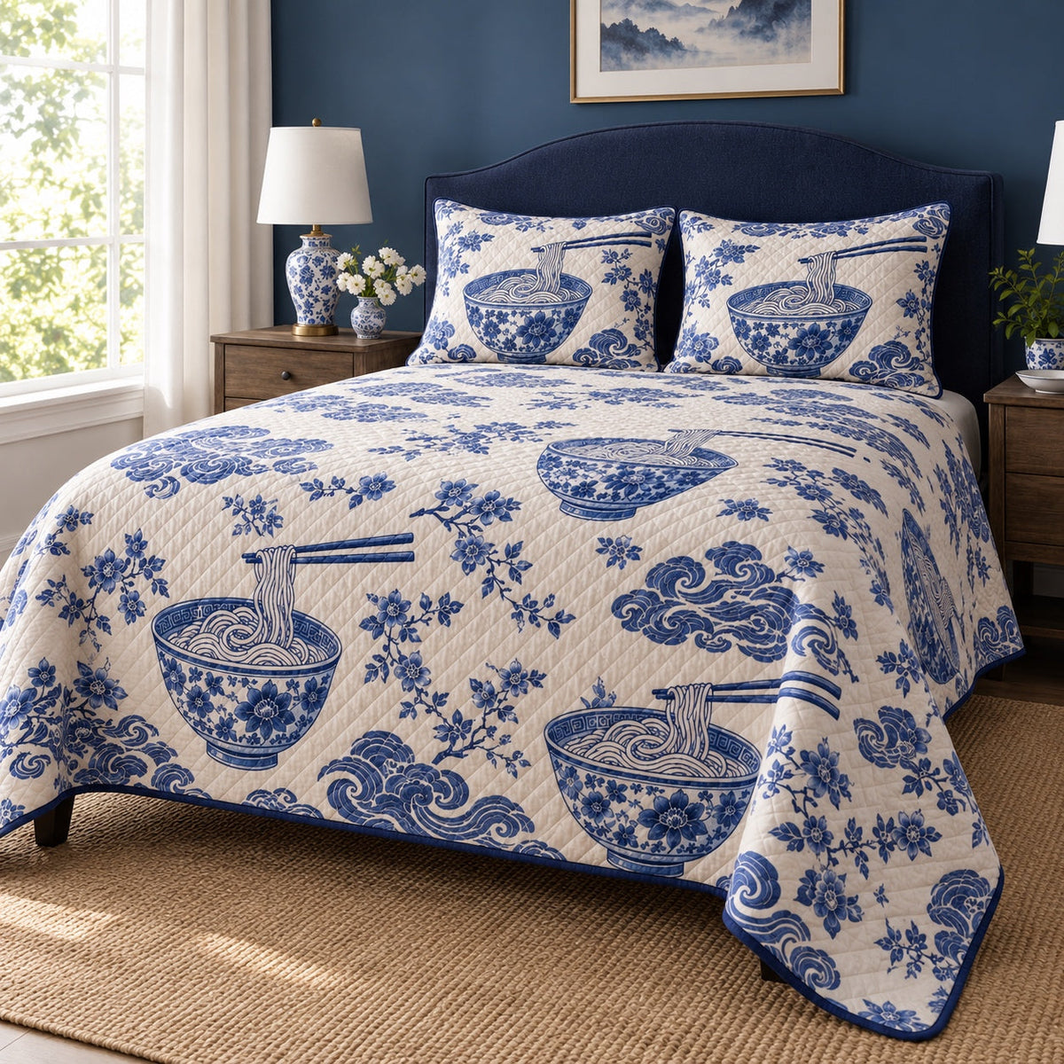 Blue Ceramic Ramen Ramen Lovers Quilt Set, angled ramen lovers bedroom view