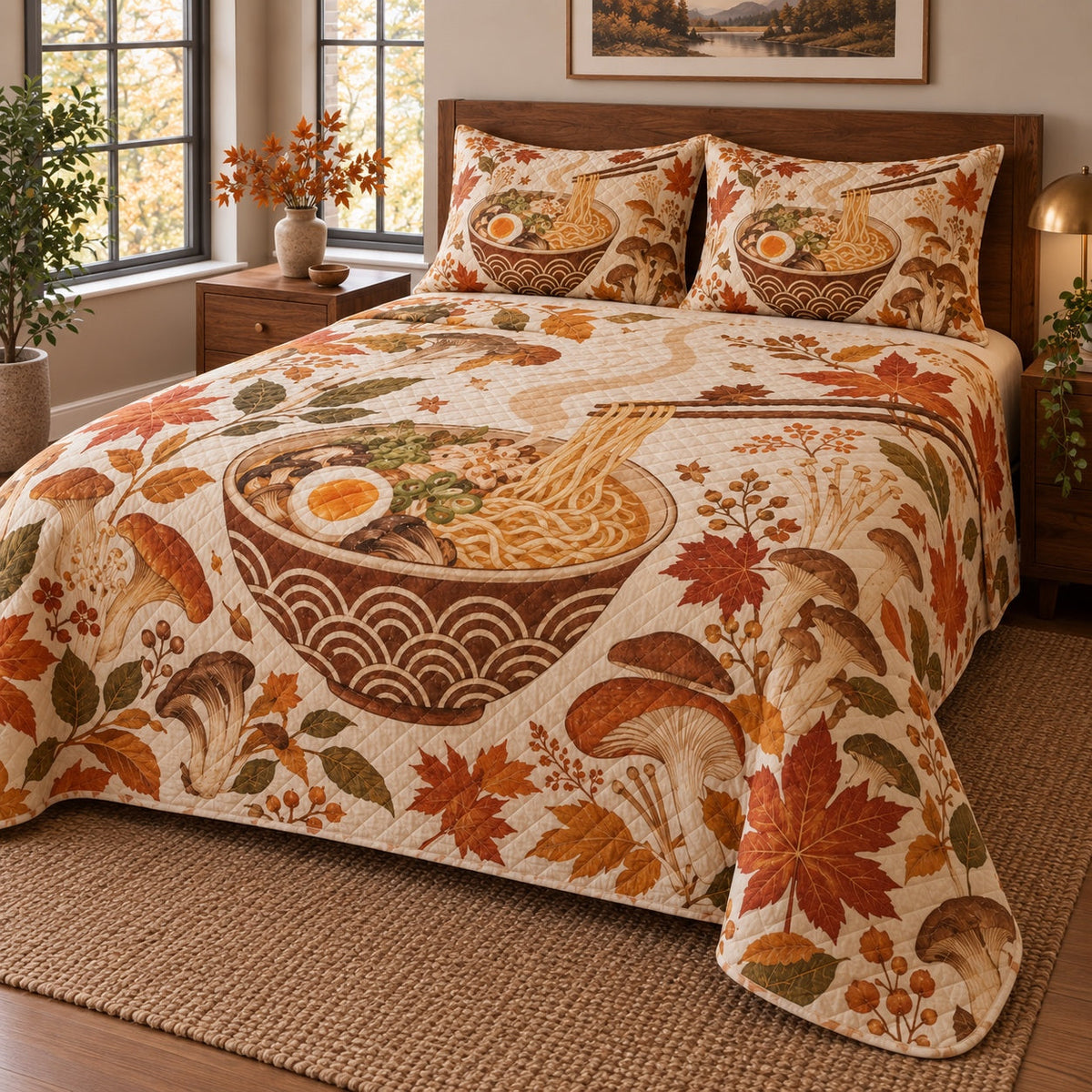 Harvest Ramen Ramen Lovers Quilt Set, angled ramen lovers bedroom view