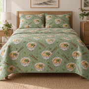 Sage Noodle Repeat Ramen Lovers Quilt Set, front ramen lovers bedroom view