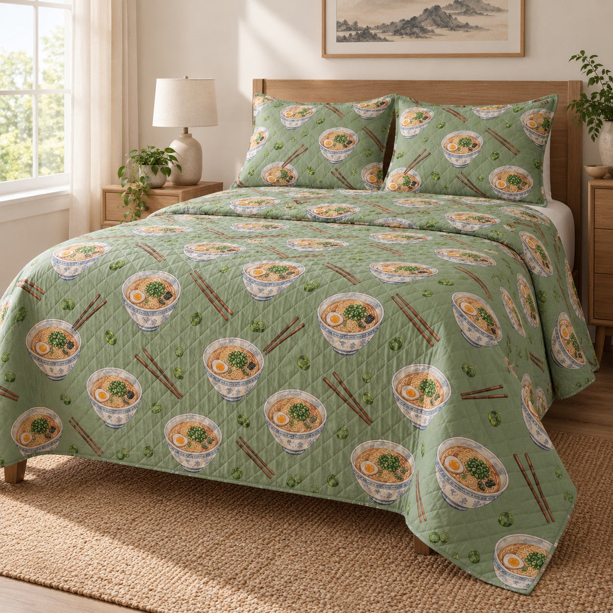 Sage Noodle Repeat Ramen Lovers Quilt Set, angled ramen lovers bedroom view