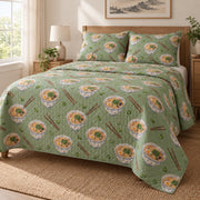 Sage Noodle Repeat Ramen Lovers Quilt Set, angled ramen lovers bedroom view