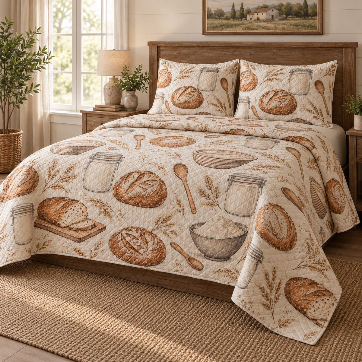 Starter Shelf Sourdough Baking Quilt Set, angled sourdough baking bedroom view