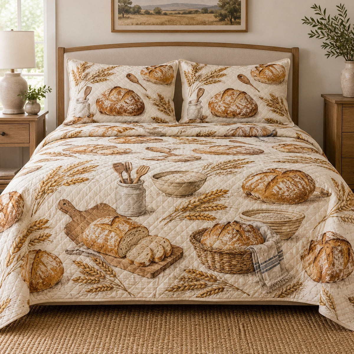 Wheat and Crust Sourdough Baking Quilt Set, front sourdough baking bedroom view