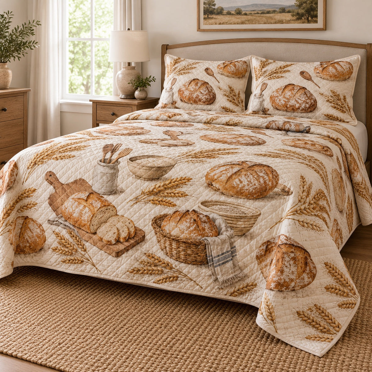 Wheat and Crust Sourdough Baking Quilt Set, angled sourdough baking bedroom view