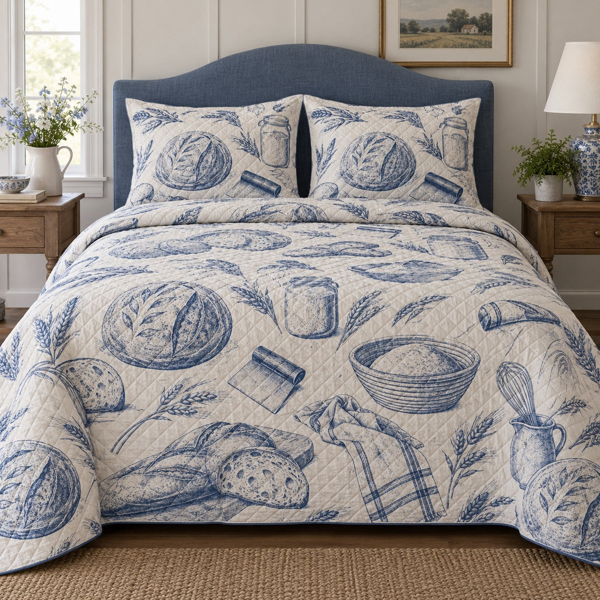 Blue Bakery Sketch Sourdough Baking Quilt Set, front sourdough baking bedroom view