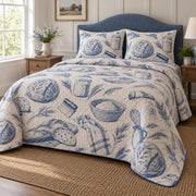 Blue Bakery Sketch Sourdough Baking Quilt Set, angled sourdough baking bedroom view