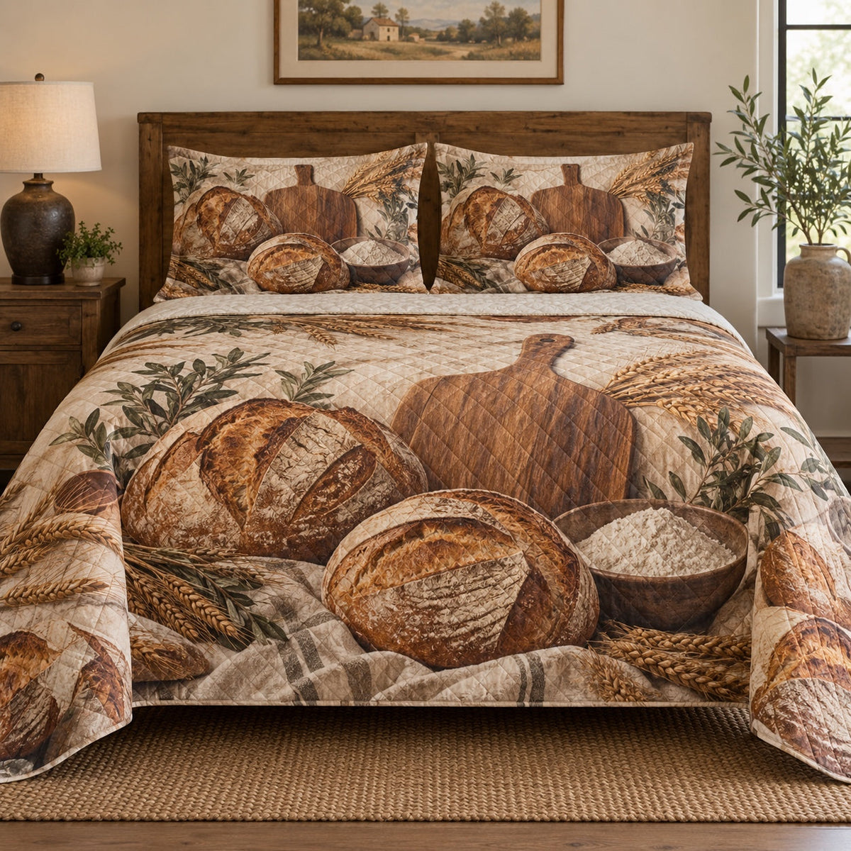 Terracotta Oven Sourdough Baking Quilt Set, front sourdough baking bedroom view