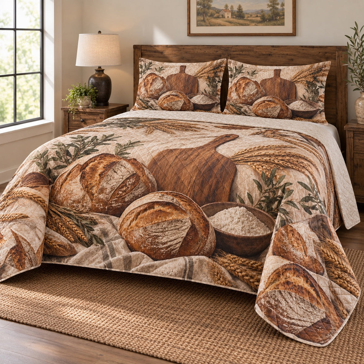 Terracotta Oven Sourdough Baking Quilt Set, angled sourdough baking bedroom view