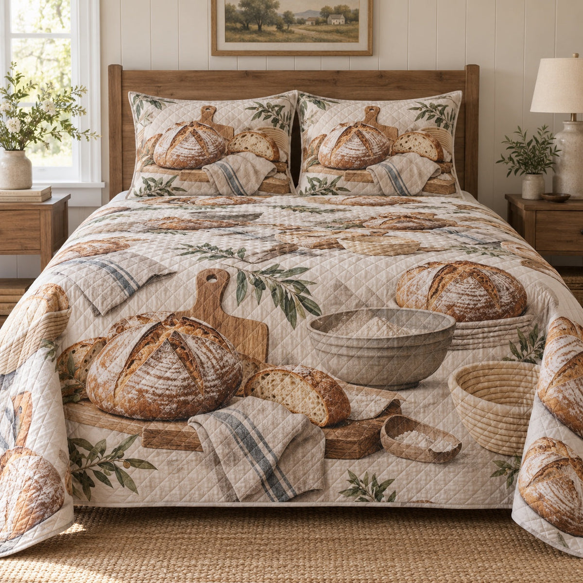 Country Bread Table Sourdough Baking Quilt Set, front sourdough baking bedroom view