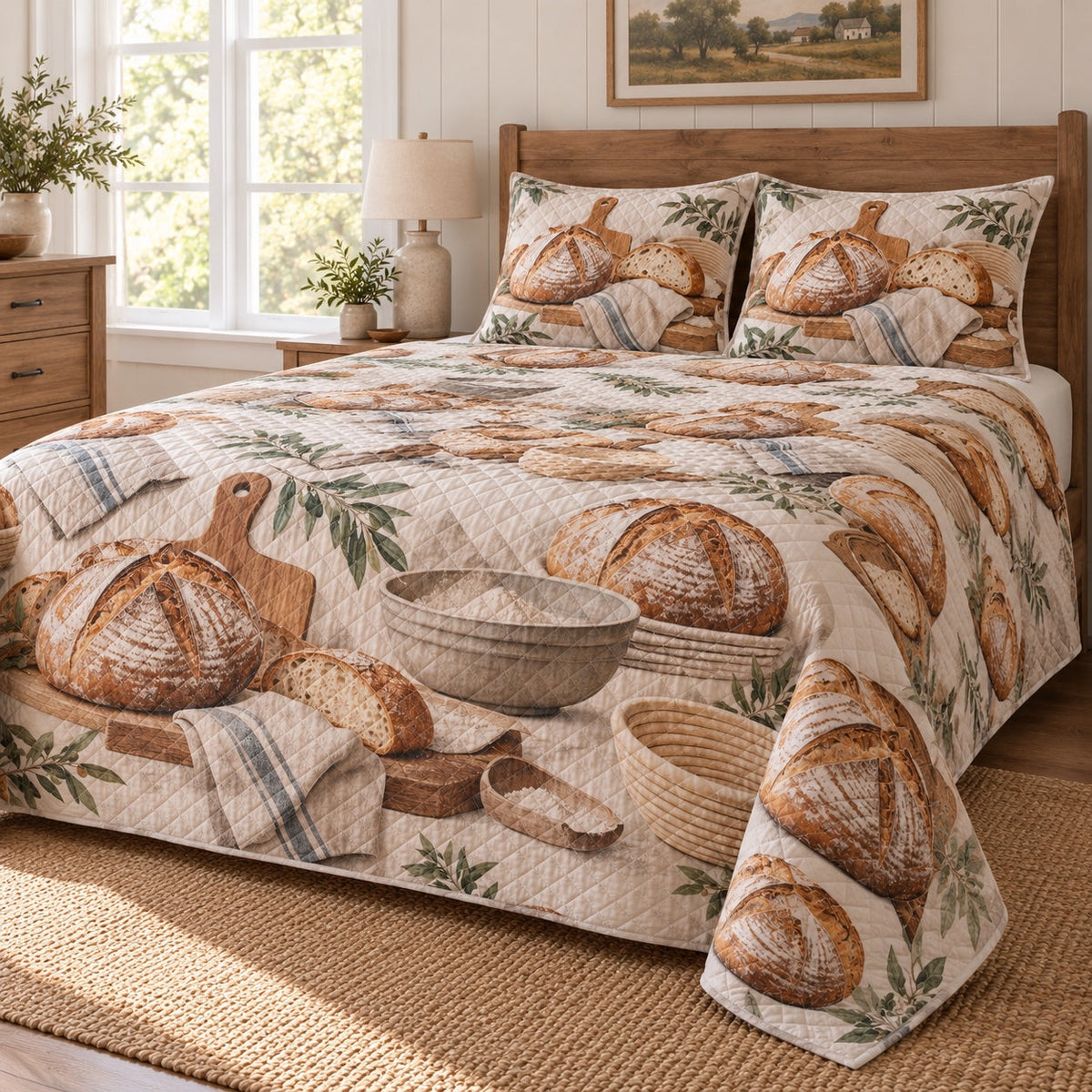 Country Bread Table Sourdough Baking Quilt Set, angled sourdough baking bedroom view