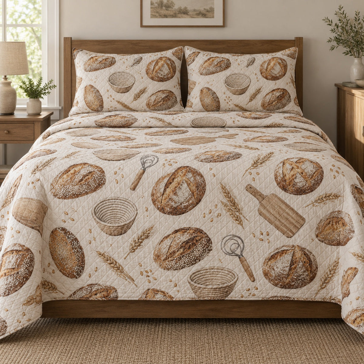 Seeded Loaf Repeat Sourdough Baking Quilt Set, front sourdough baking bedroom view