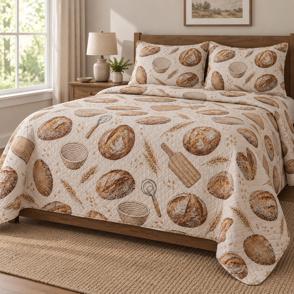 Seeded Loaf Repeat Sourdough Baking Quilt Set, angled sourdough baking bedroom view