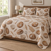 Seeded Loaf Repeat Sourdough Baking Quilt Set, angled sourdough baking bedroom view