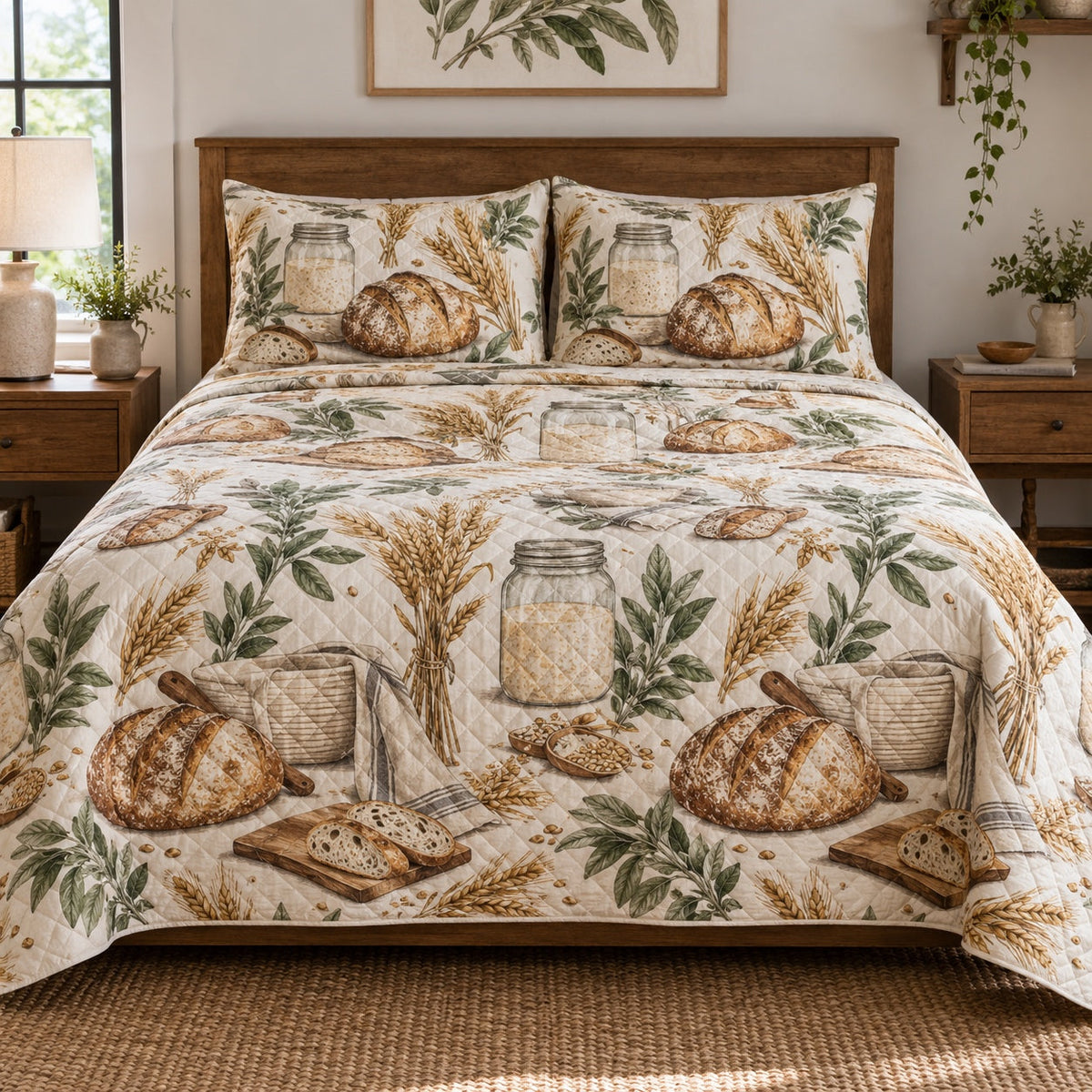 Sage Starter Sourdough Baking Quilt Set, front sourdough baking bedroom view