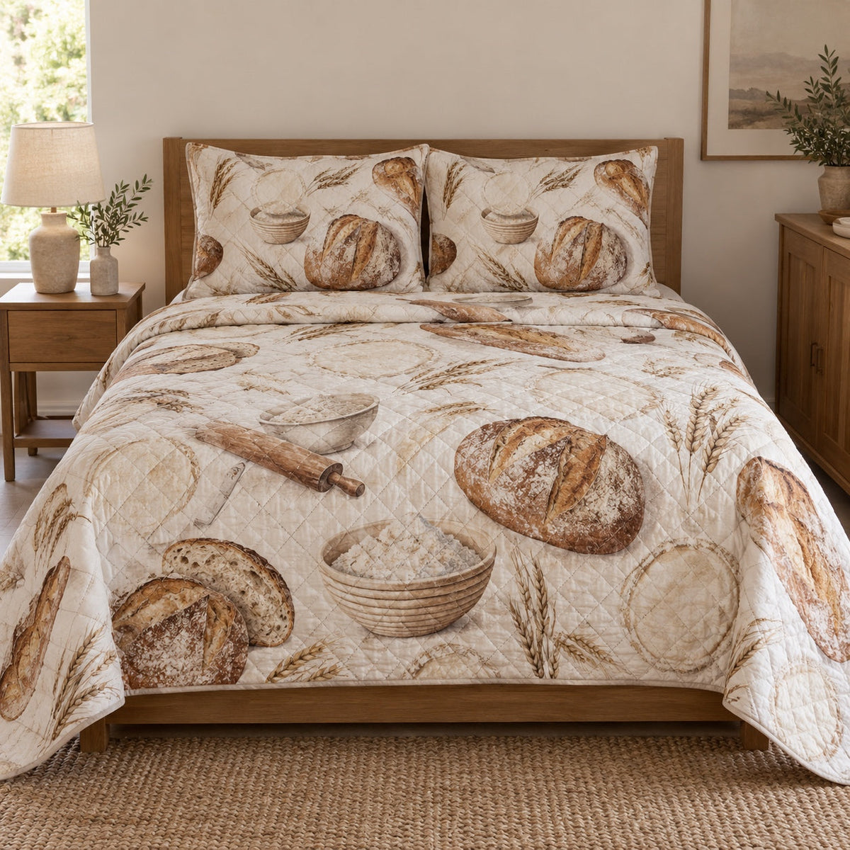 Flour and Linen Sourdough Baking Quilt Set, front sourdough baking bedroom view