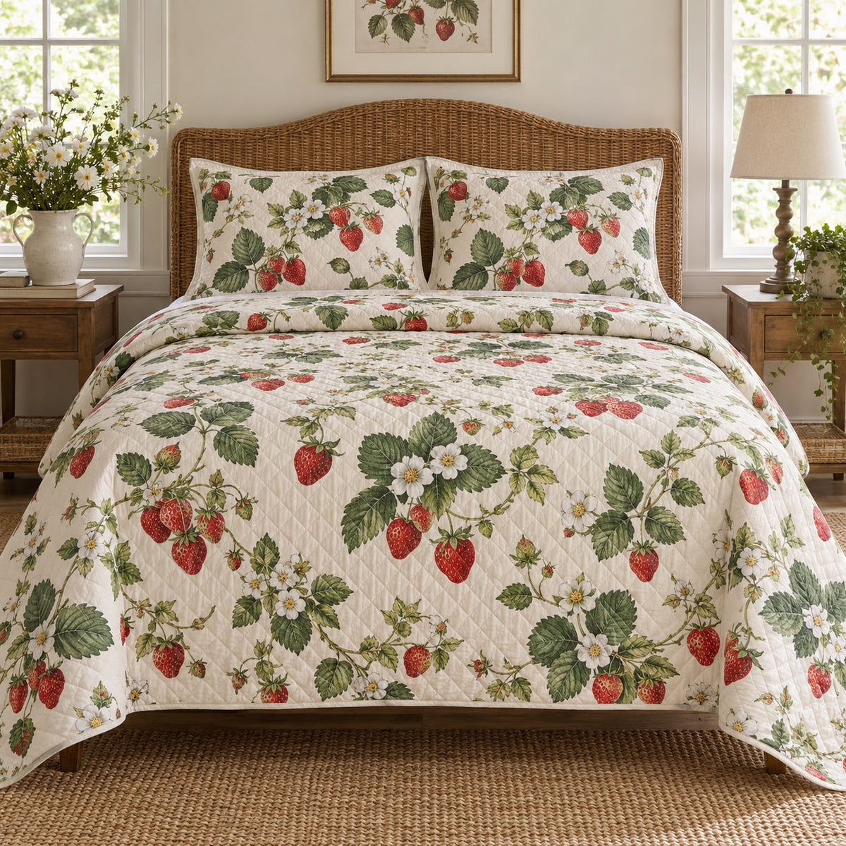 Strawberry Garden Strawberry Lovers Quilt Set, front strawberry lovers bedroom view