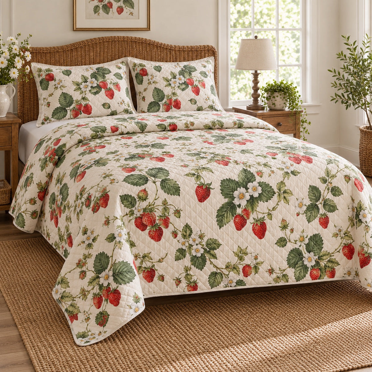 Strawberry Garden Strawberry Lovers Quilt Set, angled strawberry lovers bedroom view