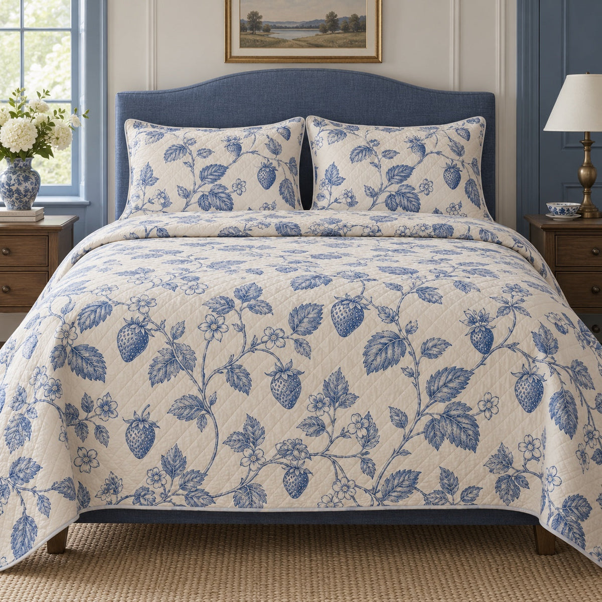 Blue Berry Toile Strawberry Lovers Quilt Set, front strawberry lovers bedroom view