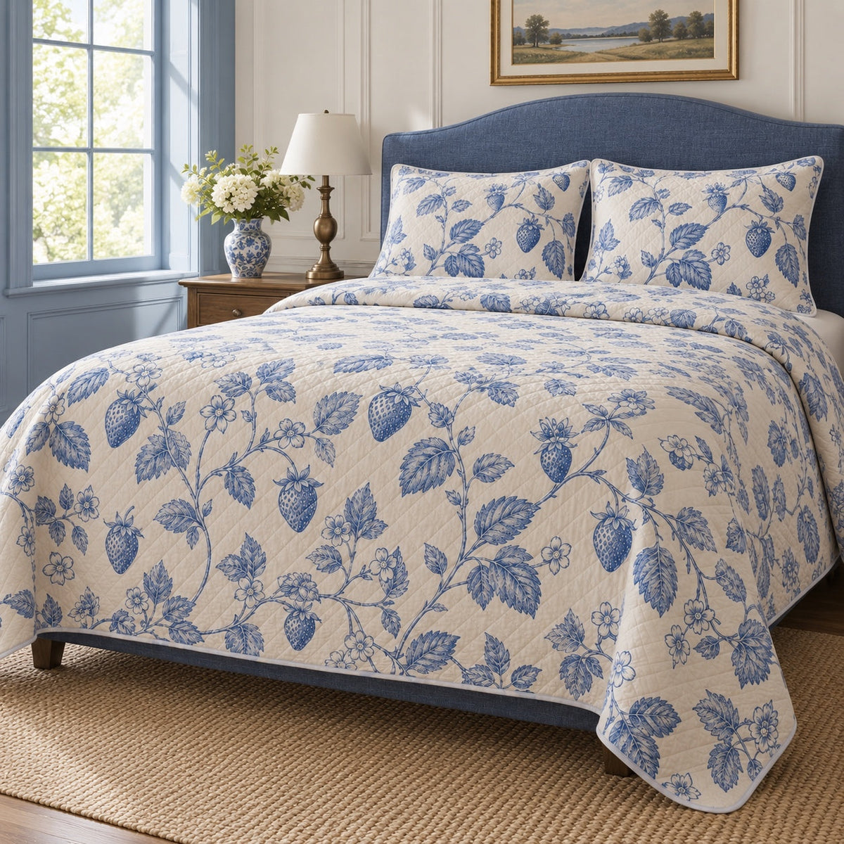 Blue Berry Toile Strawberry Lovers Quilt Set, angled strawberry lovers bedroom view