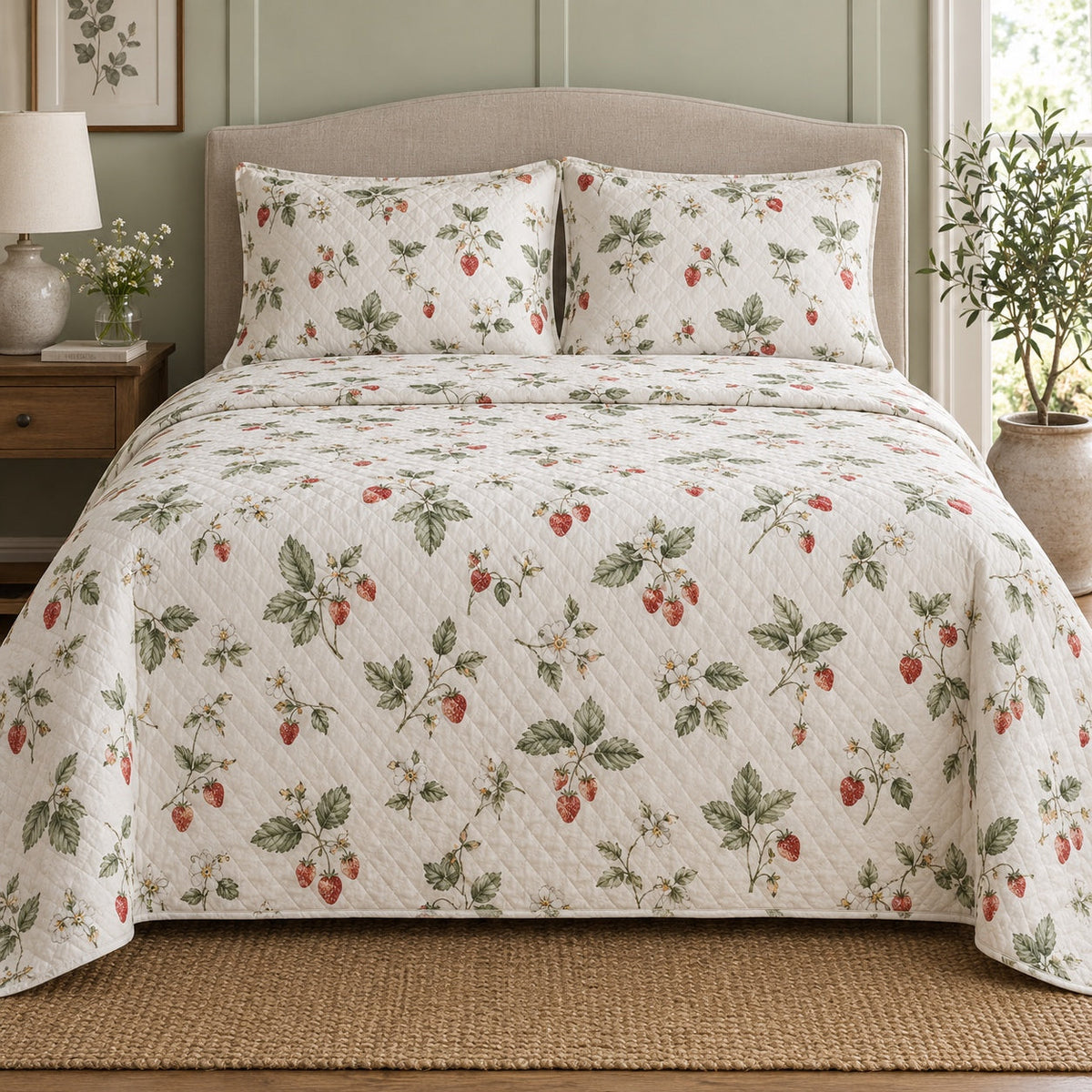 Sage Berry Sprigs Strawberry Lovers Quilt Set, front strawberry lovers bedroom view