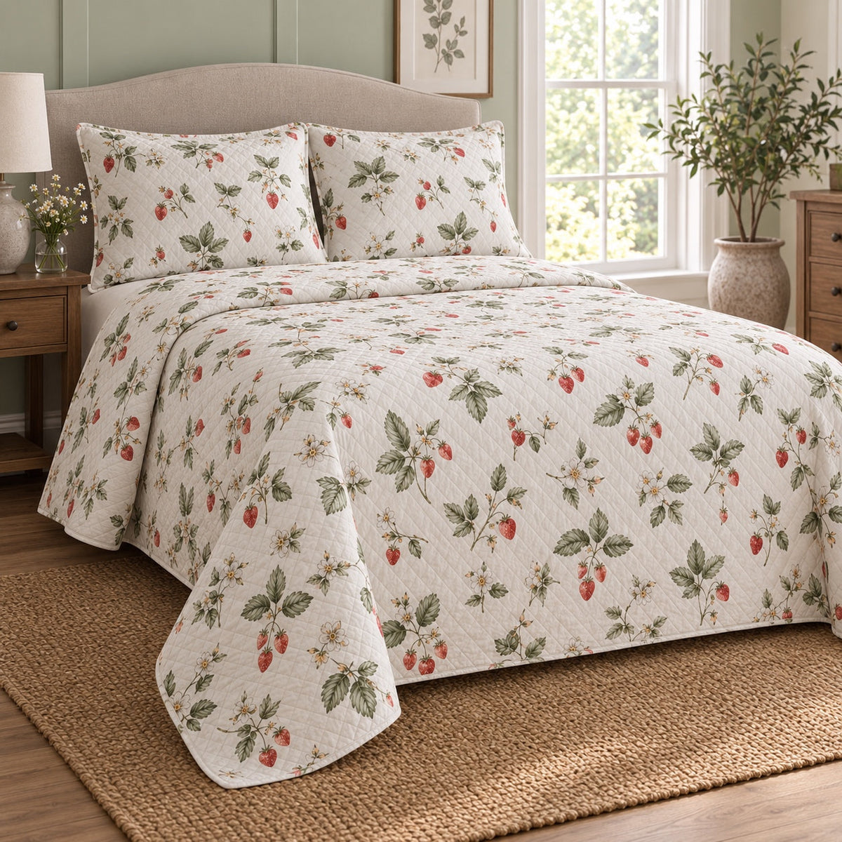 Sage Berry Sprigs Strawberry Lovers Quilt Set, angled strawberry lovers bedroom view