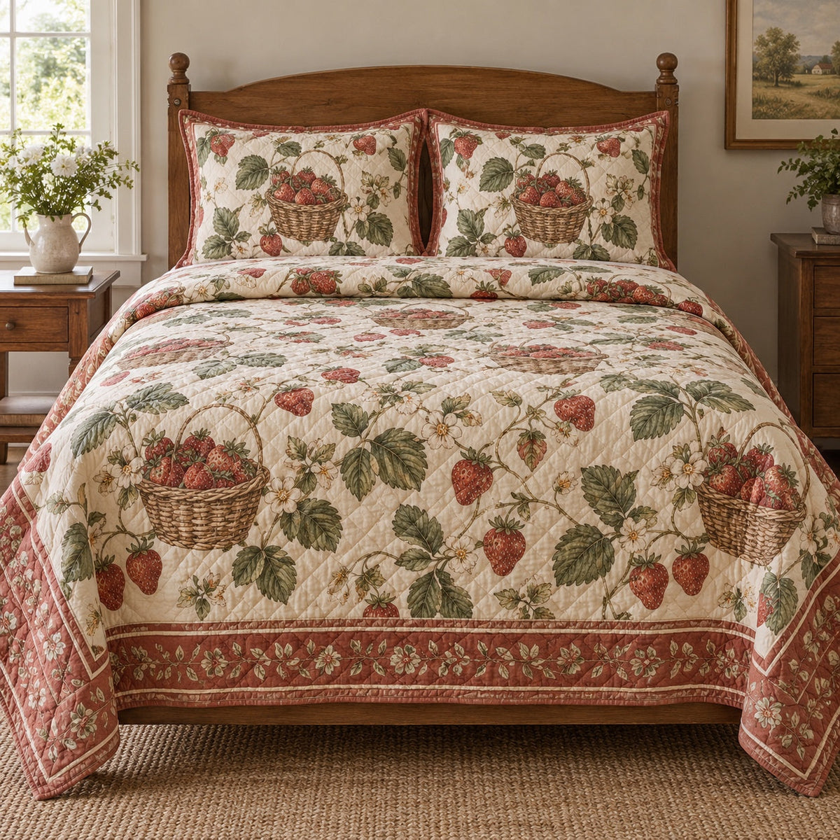 Terracotta Harvest Strawberry Lovers Quilt Set, front strawberry lovers bedroom view