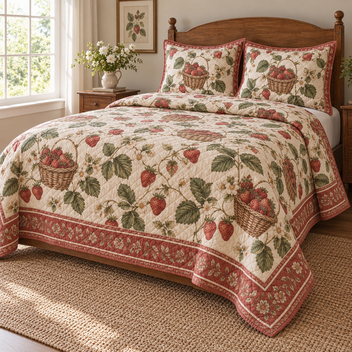 Terracotta Harvest Strawberry Lovers Quilt Set, angled strawberry lovers bedroom view