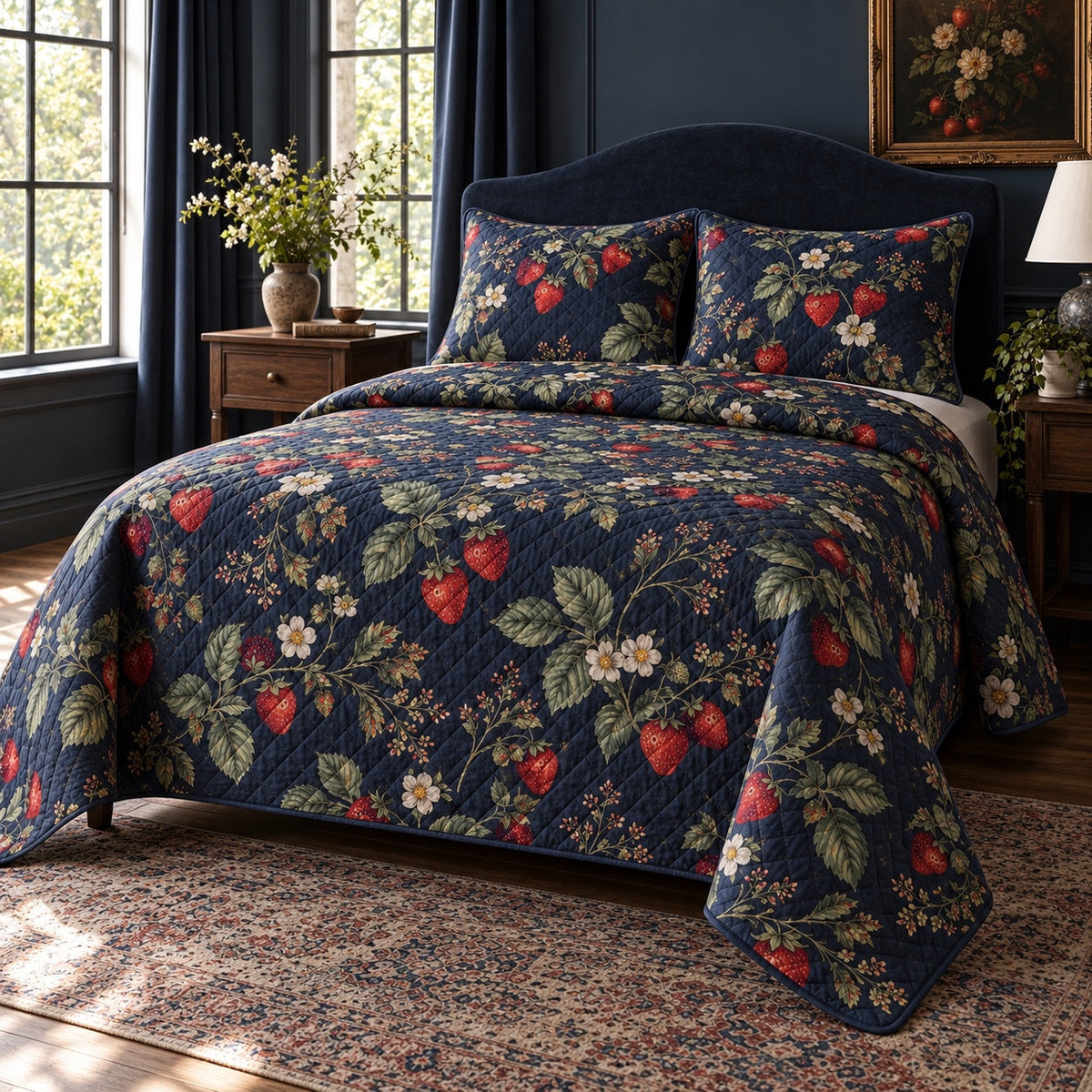 Midnight Berries Strawberry Lovers Quilt Set, angled strawberry lovers bedroom view