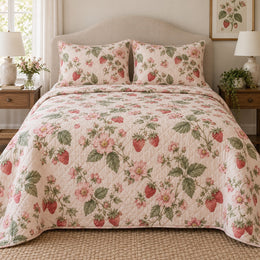 Pink Blossom Berry Strawberry Lovers Quilt Set