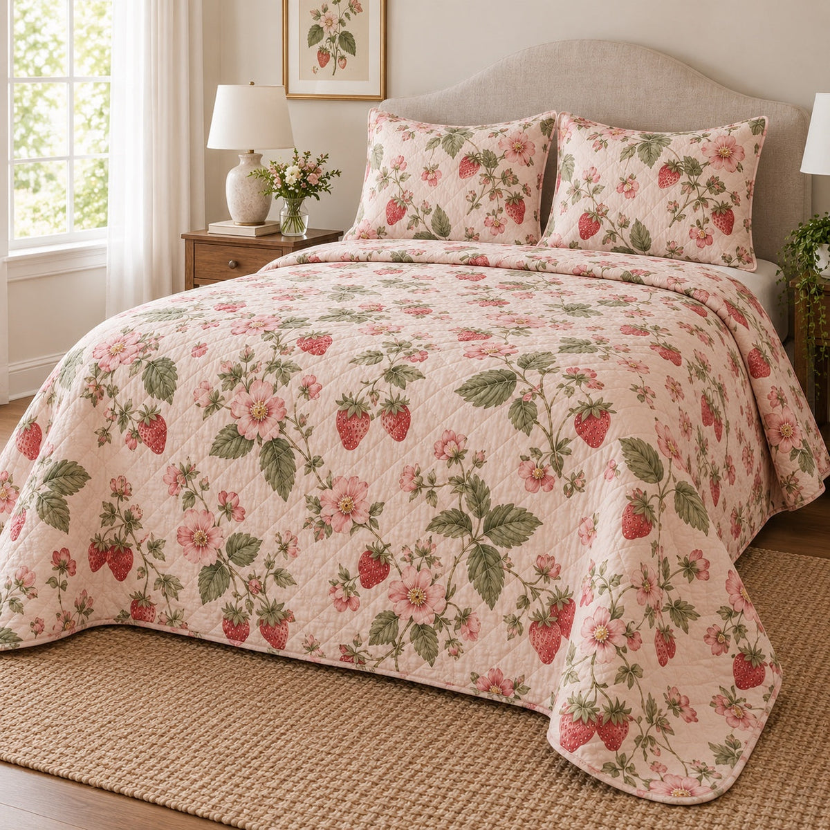 Pink Blossom Berry Strawberry Lovers Quilt Set, angled strawberry lovers bedroom view