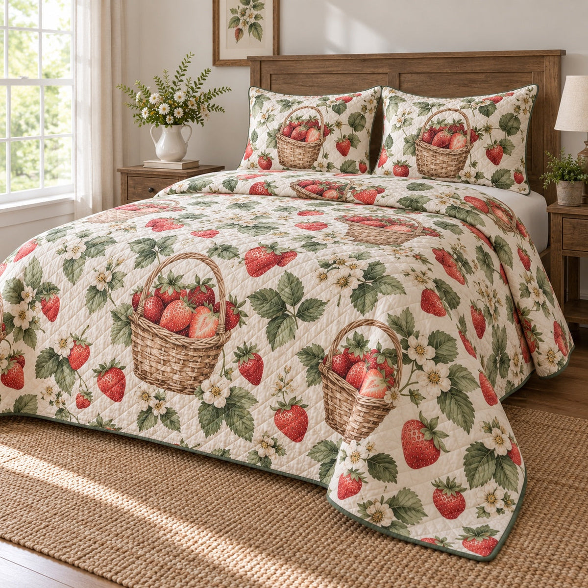 Market Berry Basket Strawberry Lovers Quilt Set, angled strawberry lovers bedroom view
