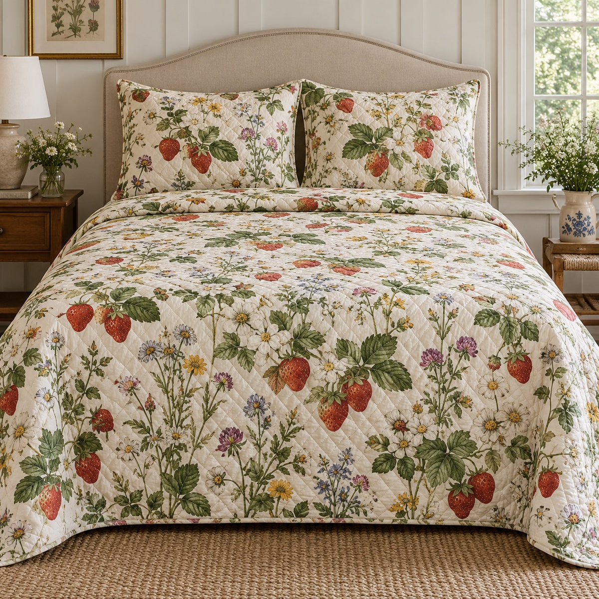 Wild Berry Meadow Strawberry Lovers Quilt Set, front strawberry lovers bedroom view