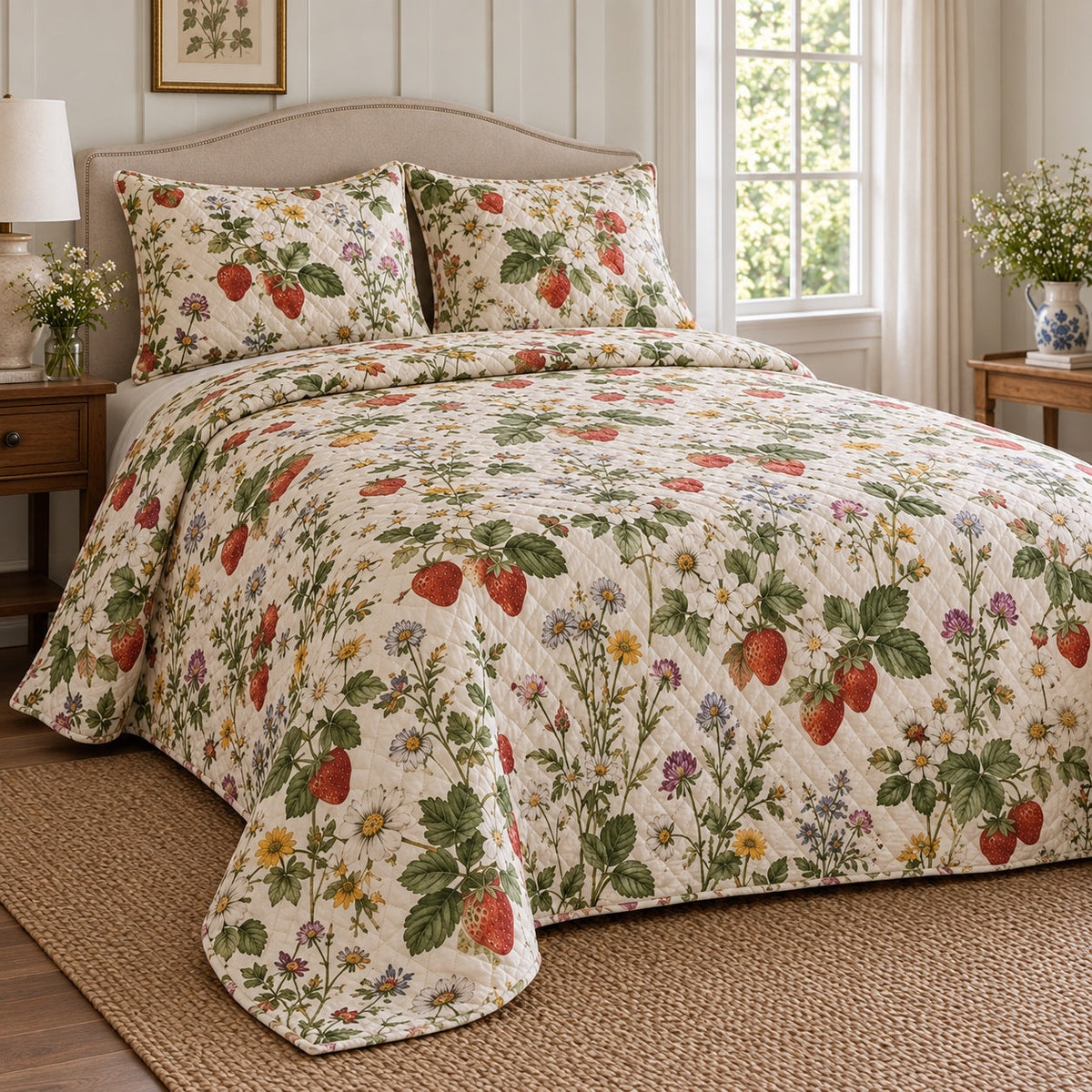 Wild Berry Meadow Strawberry Lovers Quilt Set, angled strawberry lovers bedroom view