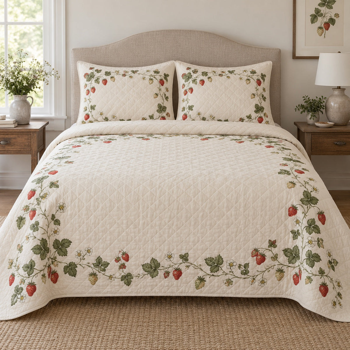 Cream Berry Vine Strawberry Lovers Quilt Set, front strawberry lovers bedroom view